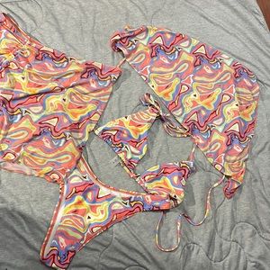 4 pc bikini set, size medium top, bottom, skirt, head wrap